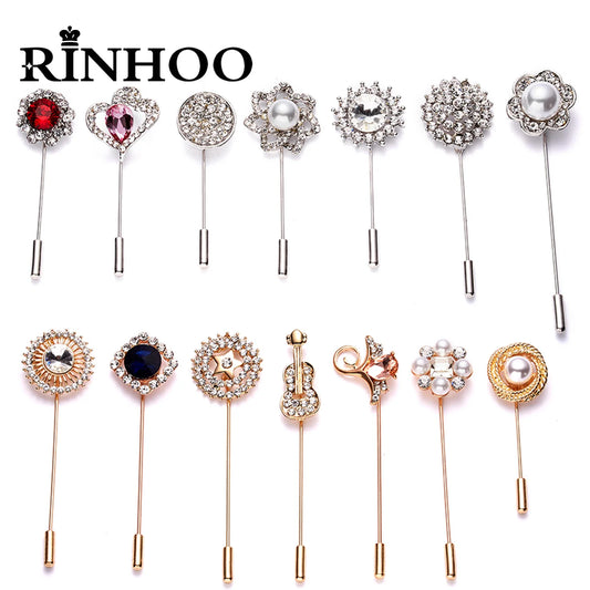 Rinhoo Vintage Crystal Flower Suit Brooches Pin Simple Letters Butterfly Crown Round Leaf Long Needle Lapel Pins Wedding Jewelry