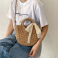 Women Hand-Woven Handbag Half Round Shape Lace Bow Rattan Bag Casual Beach Shoulder Crossbody Bag Bohemia Handbag