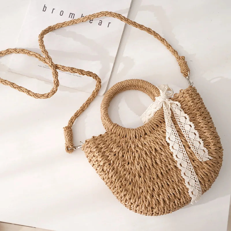 Women Hand-Woven Handbag Half Round Shape Lace Bow Rattan Bag Casual Beach Shoulder Crossbody Bag Bohemia Handbag