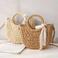 Women Hand-Woven Handbag Half Round Shape Lace Bow Rattan Bag Casual Beach Shoulder Crossbody Bag Bohemia Handbag