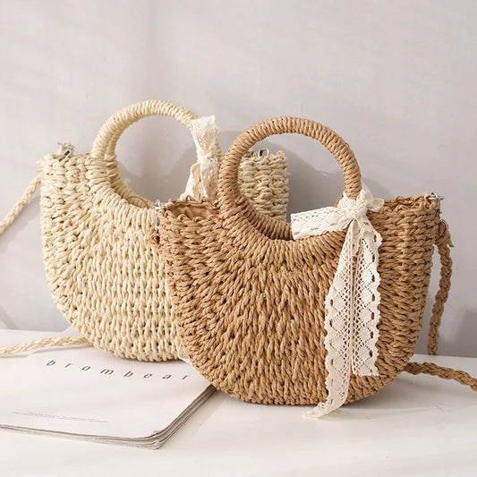 Women Hand-Woven Handbag Half Round Shape Lace Bow Rattan Bag Casual Beach Shoulder Crossbody Bag Bohemia Handbag