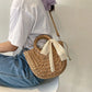 Women Hand-Woven Handbag Half Round Shape Lace Bow Rattan Bag Casual Beach Shoulder Crossbody Bag Bohemia Handbag