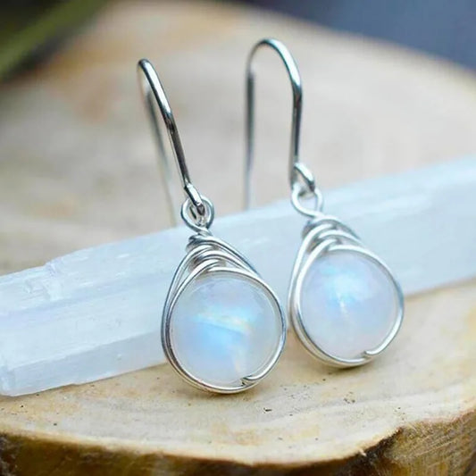 2023 New Exquisite Round Moonstone Hook Earrings Simple Fashion Metal Silver Color Earrings For Women Female Custom Jewelry